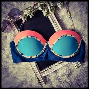 Large Xhilaration Teal and Coral Halter Bikini Top